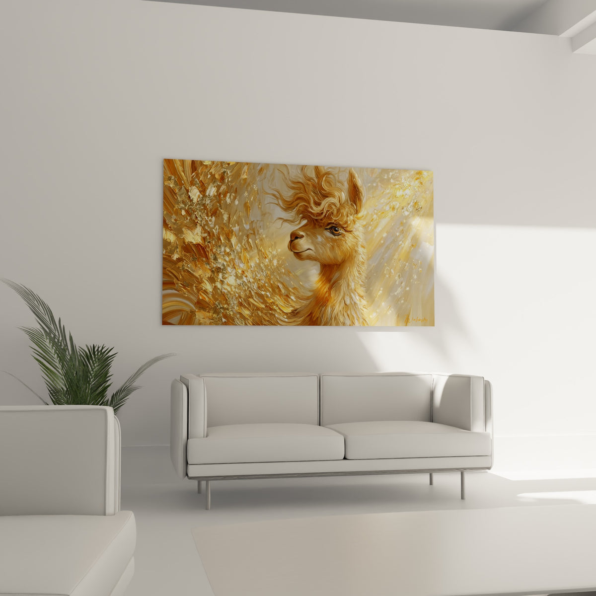 Portrait d'alpaga doré et beige, empâtements épais, au-dessus d'un canapé dans un salon lumineux