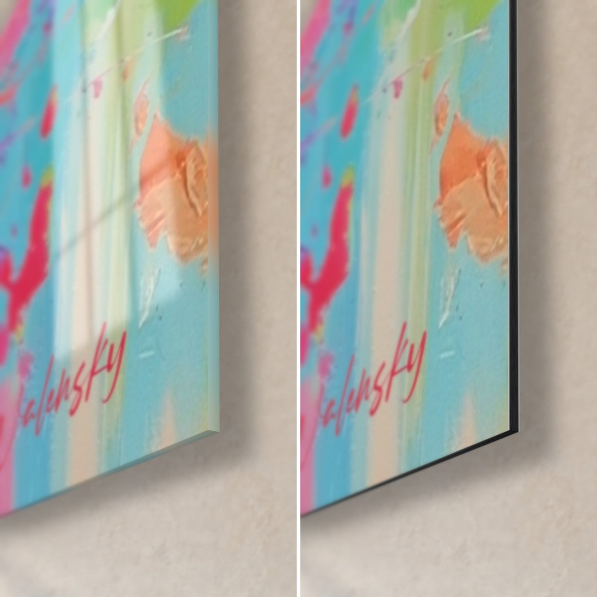Tableau alpaga bariolé, coin bas droit : verre acrylique brillant à gauche, alu Dibond mat noir à droite, tranche de 3 mm, turquoise et orange