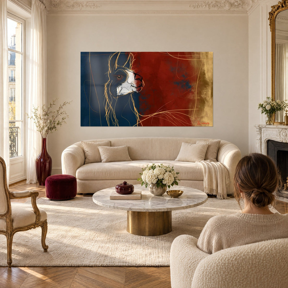Gemälde Lama mit bernsteinfarbenem Blick, goldene Strähnen auf mitternachtsblauem und ziegelrotem Grund, über einem Sofa in einem hellen Wohnzimmer