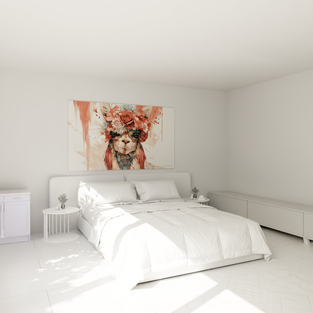 Museau orné de roses corail et fleurs bleu pastel, alpaga au-dessus d'un lit dans une chambre claire