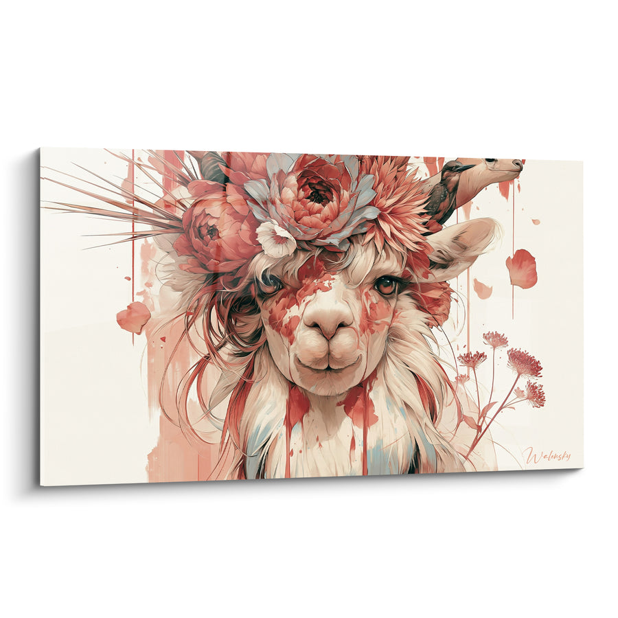 Tableau Alpaga blanc et corail fleuri - Couronne de pétales - Edition Alpaga