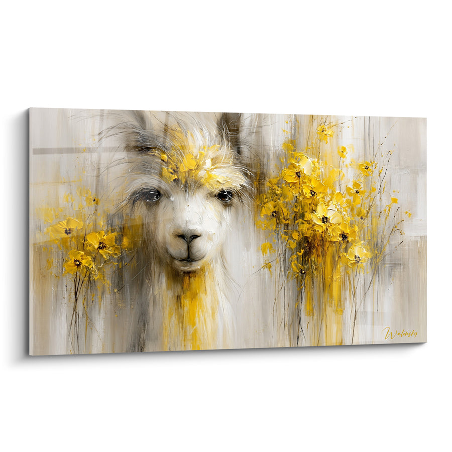 Tableau Alpaga blanc et jaune parmi les fleurs - Regard des prairies - Edition Alpaga