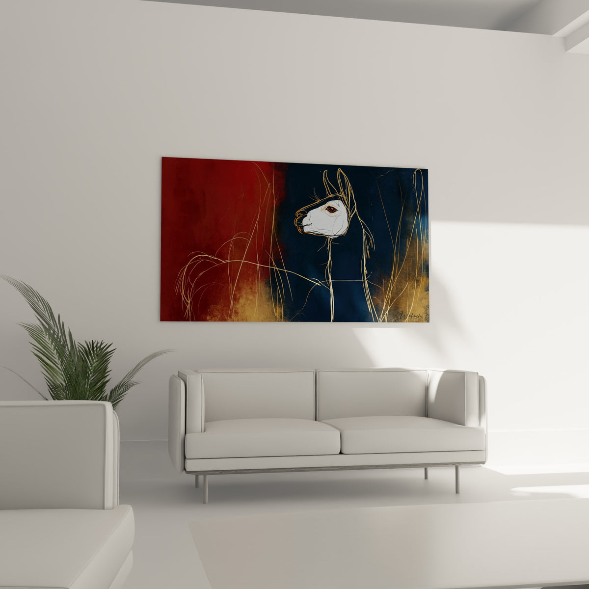 Tête d'alpaga blanche aux traits dorés sur fond terracotta, au-dessus d'un canapé dans un salon lumineux