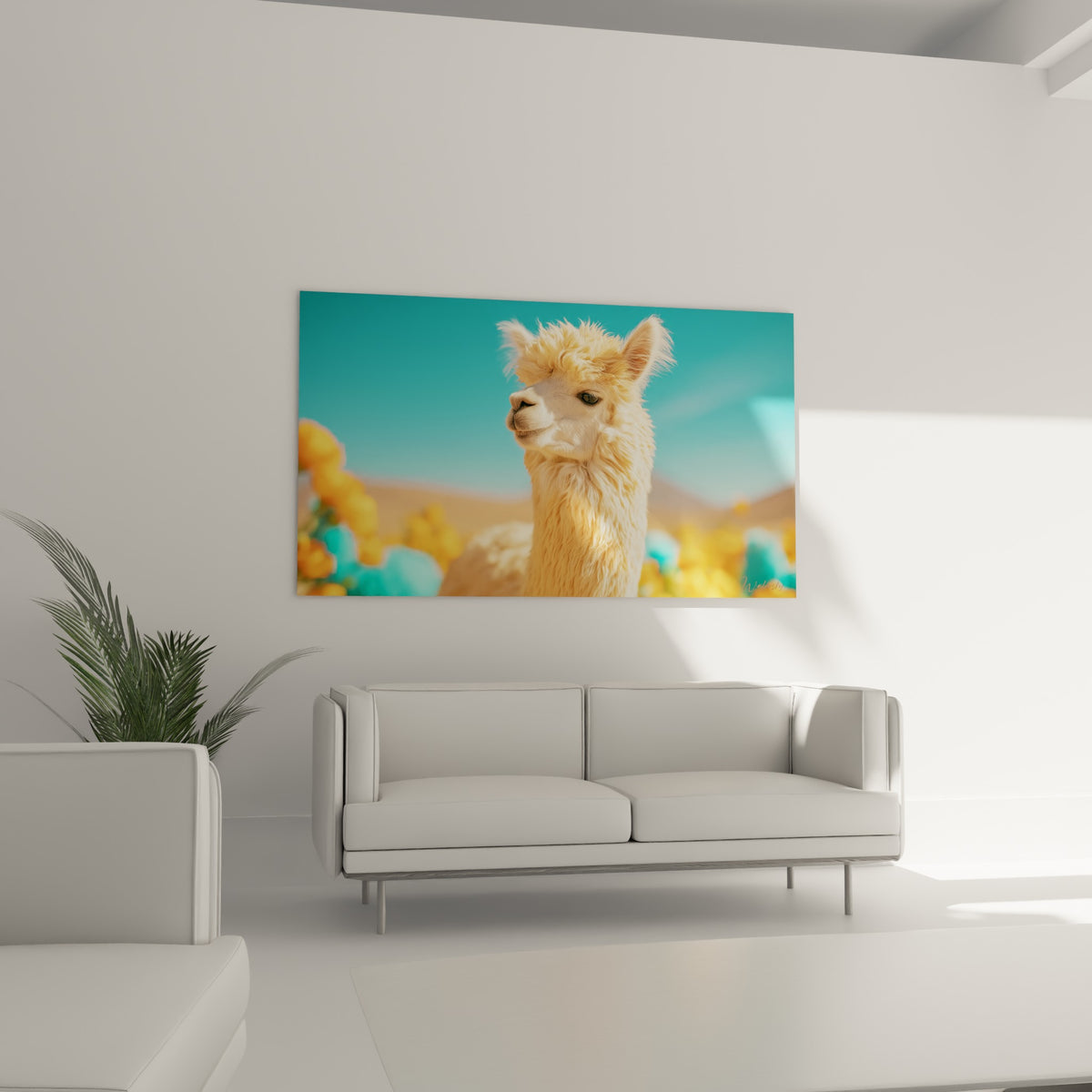 Fourrure ondulée crème de l'alpaga contrastant avec le ciel turquoise, au-dessus d'un canapé en salon lumineux