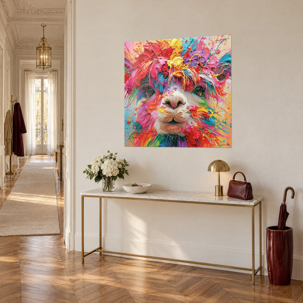 Tableau lama bariolé aux yeux sombres, épaisse peinture orange et violette, vu de trois quarts au-dessus d'une console dorée