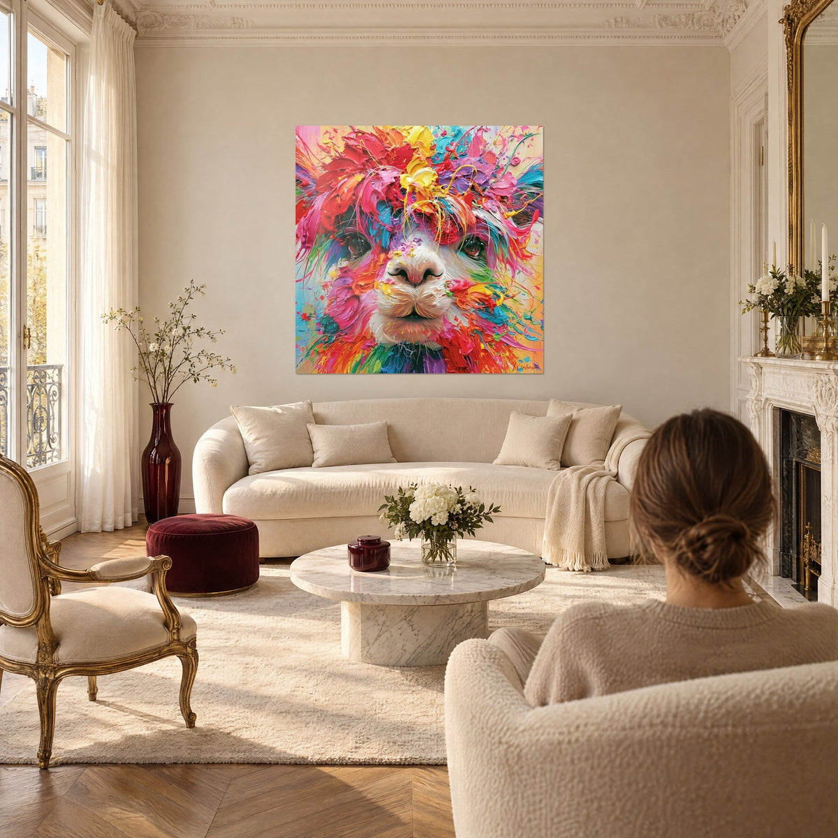 Tableau alpaga au pelage rose et turquoise, empâtements rouges et jaunes, femme de dos, au-dessus d'un canapé dans un salon lumineux