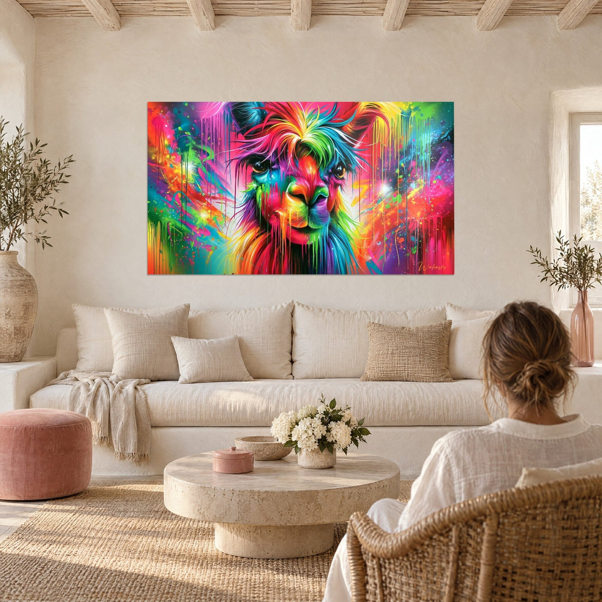 Tableau alpaga aux mèches fuchsia et vertes, coulures turquoise sur fond rose, une femme de dos au-dessus d'un canapé dans un salon lumineux