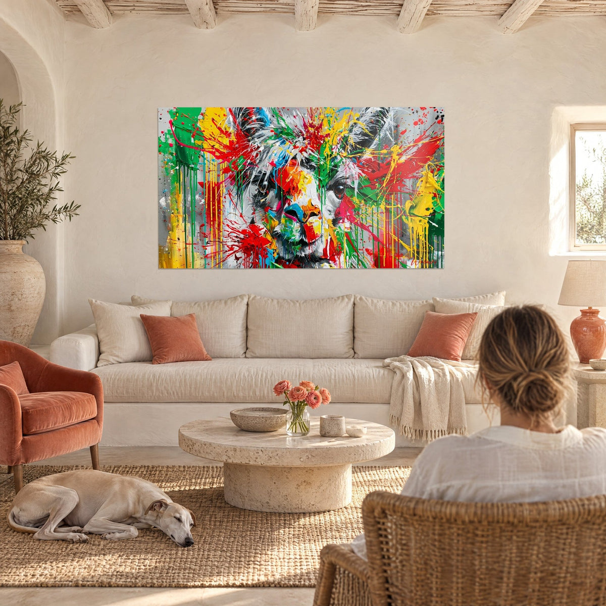 Tableau alpaga au regard sombre éclaboussé de rouge, vert et jaune, personne de dos, chien allongé, au-dessus d'un canapé dans un salon lumineux
