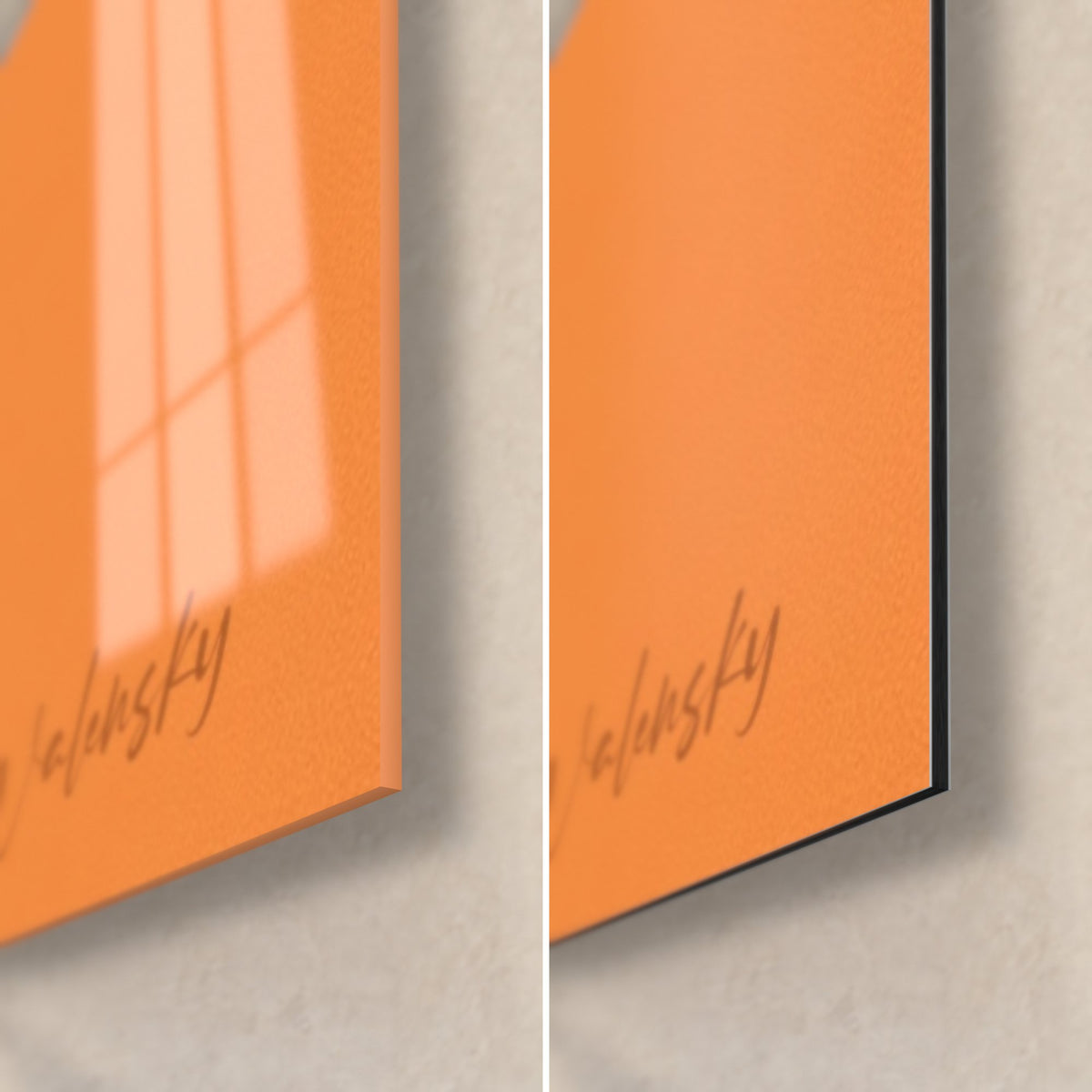 Tableau alpaga et son aplat orange, coin bas droit : verre acrylique brillant à gauche, Dibond noir mat à droite, tranche de 3 mm