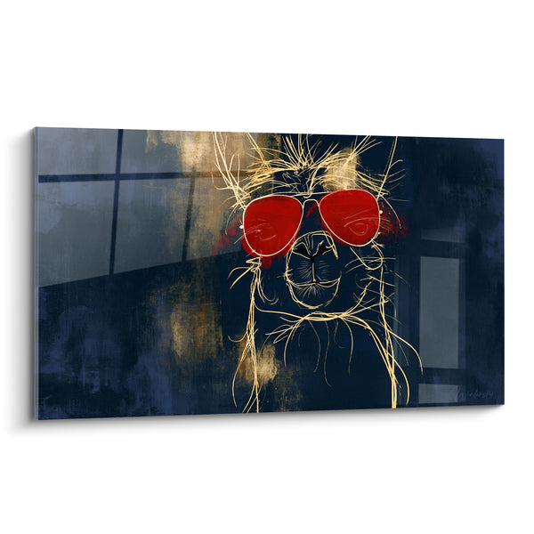 Tableau Alpaga aux lunettes rouges sur fond bleu marine - Clin d'œil facétieux - Edition Alpaga