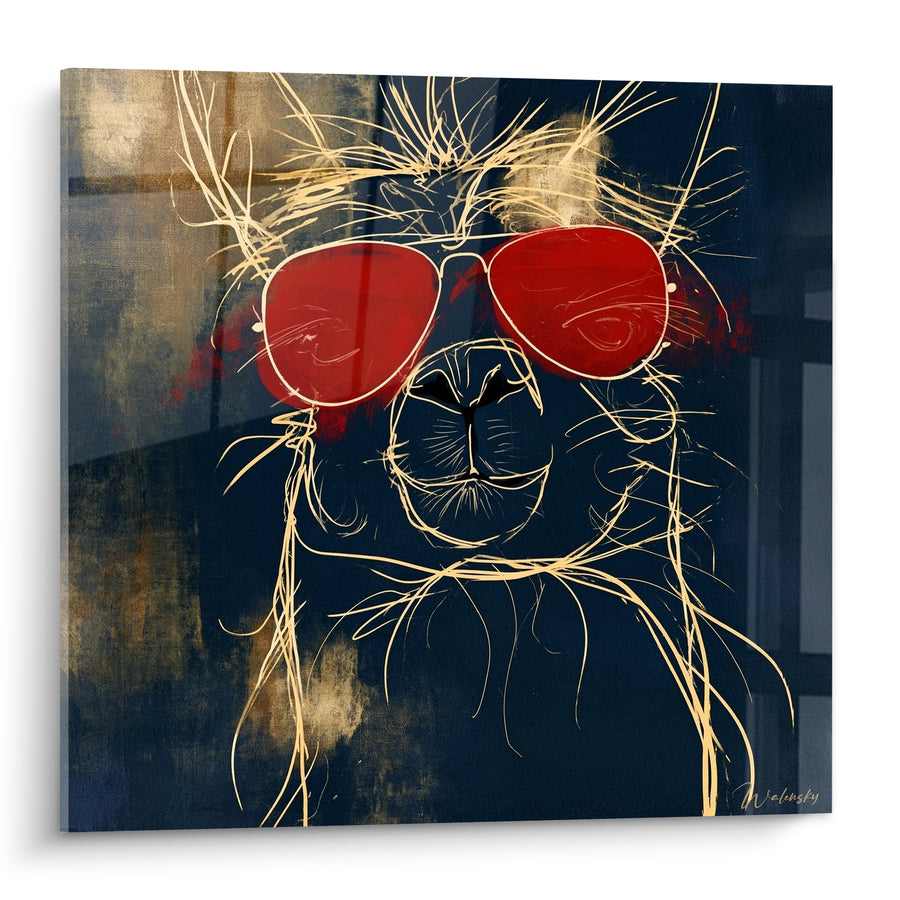 Tableau Alpaga lunettes rouges fond bleu marine - Attitude affirmée - Edition Alpaga