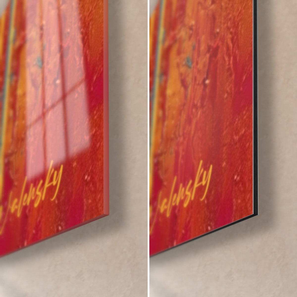 Tableau alpaga aux coulures rouges et jaunes, coin bas droit : verre acrylique brillant à gauche, alu Dibond mat à droite