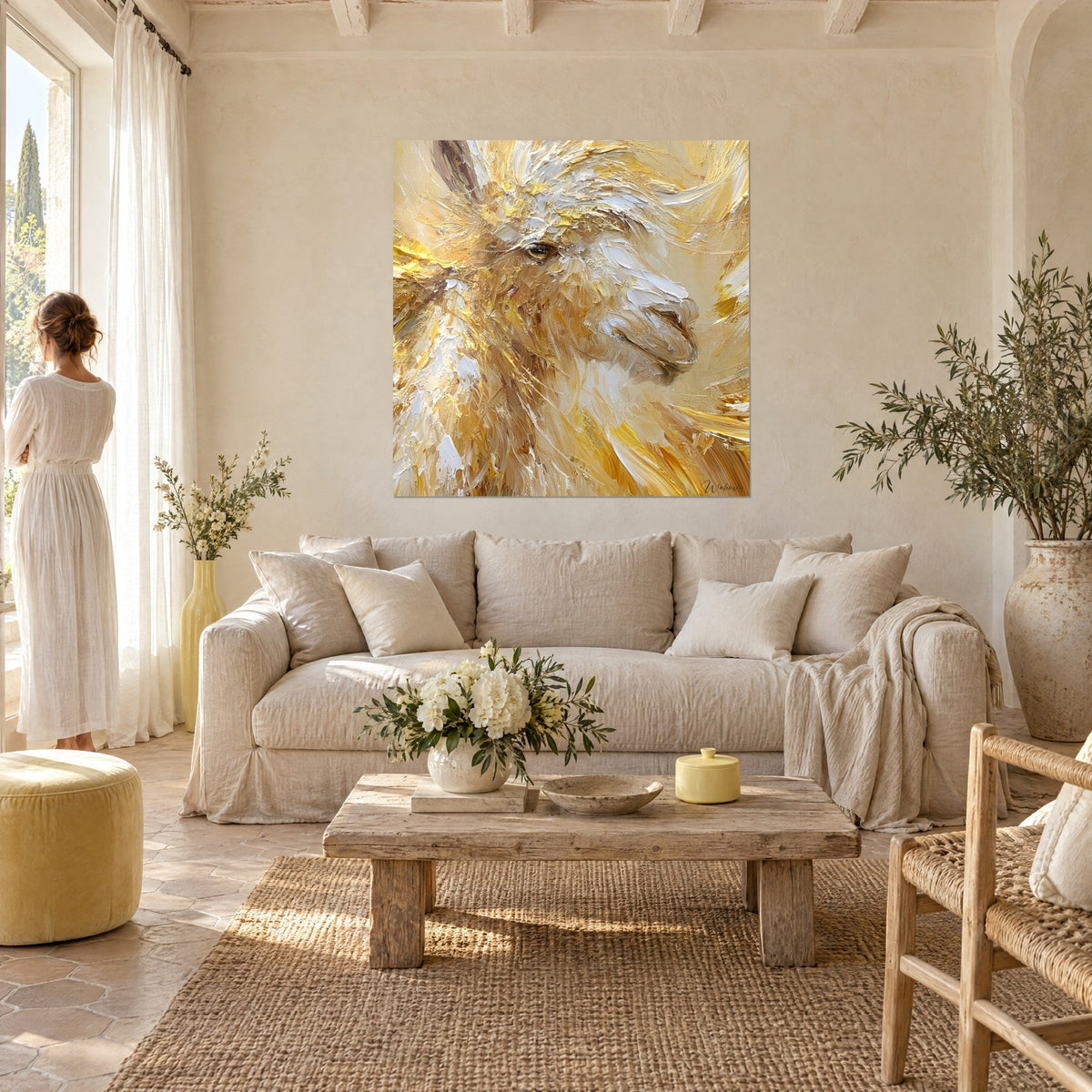 Gemälde Alpaka mit dickem elfenbeinfarbenem und goldenem Fell, bernsteinbraunes Auge, provenzalisches Landhaus, über einem Sofa in einem hellen Wohnzimmer