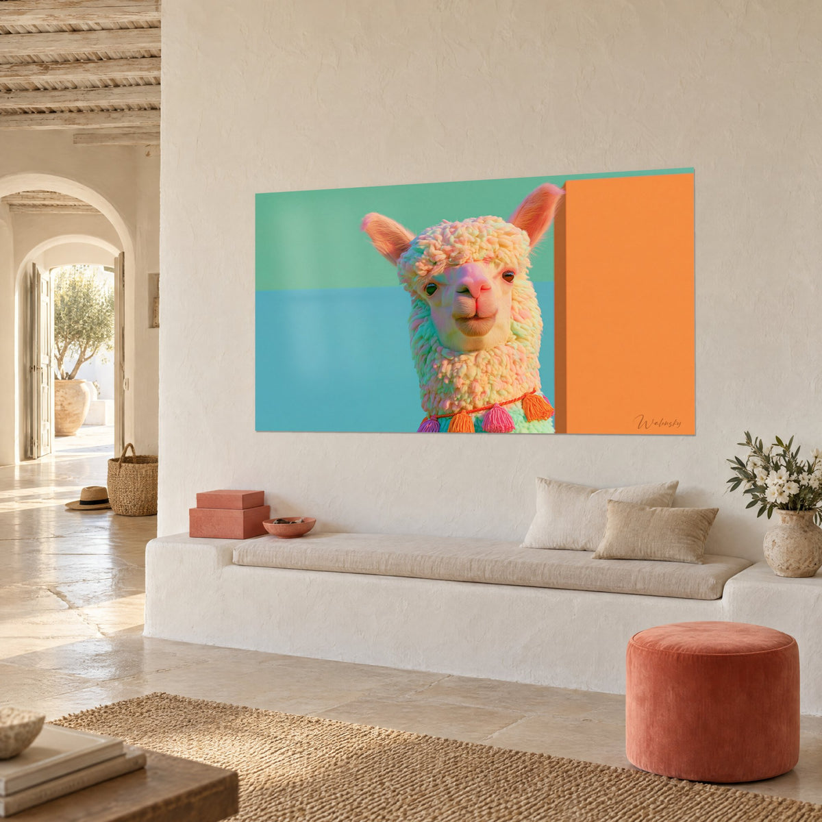 Tableau camélidé duveteux au regard malicieux, bloc orange vif et fond turquoise, vue de trois-quarts, mur blanc méditerranéen