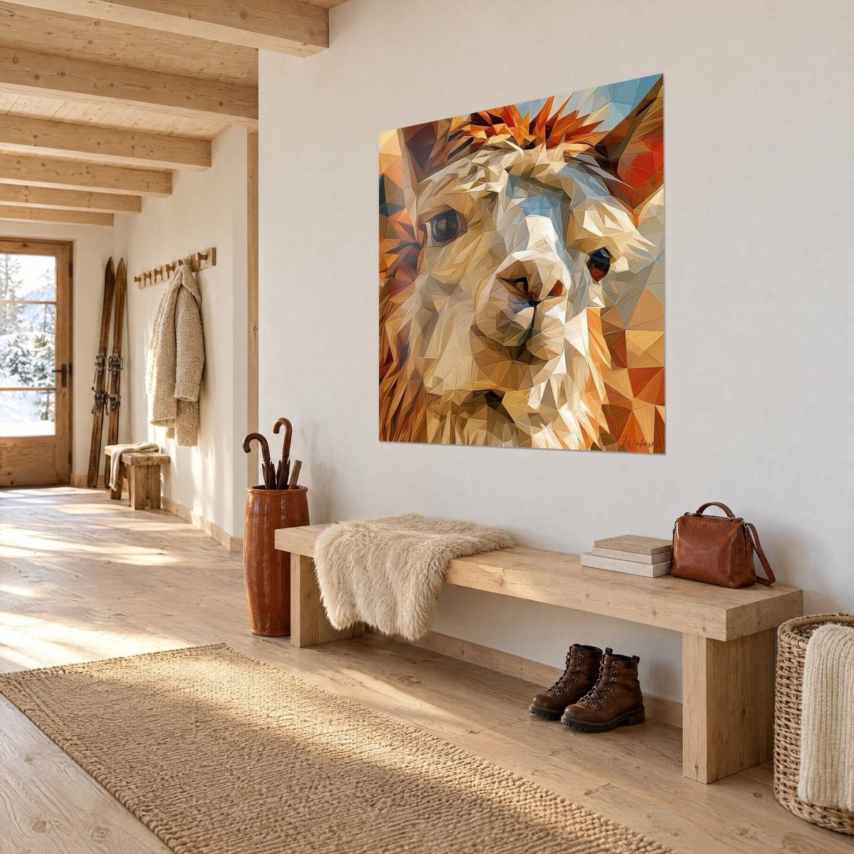 Gemälde Alpaka-Schnauze mit cremefarbenen und rotbraunen Dreiecken, glänzendes Auge, neben einer Holzbank in einem Chalet-Flur gehängt