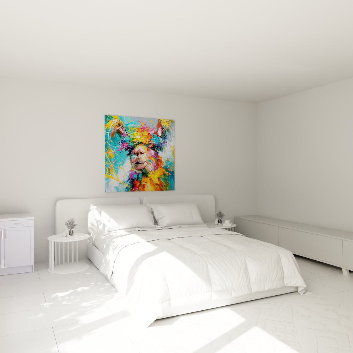 Portrait d'alpaga multicolore aux tons turquoise et safran, accroché au-dessus d'un lit dans une chambre claire
