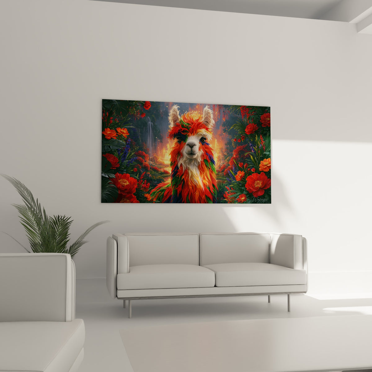 Portrait d'alpaga coloré rouge et bleu marine parmi la jungle fleurie, au-dessus d'un canapé dans un salon lumineux