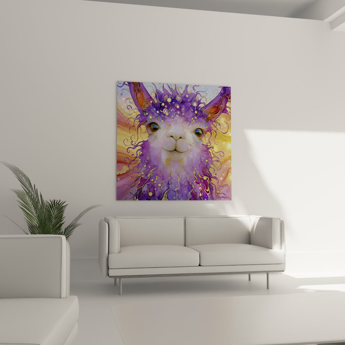 Museau d'alpaga blanc cerné de violet et jaune ambré, suspendu au-dessus d'un canapé dans un salon lumineux