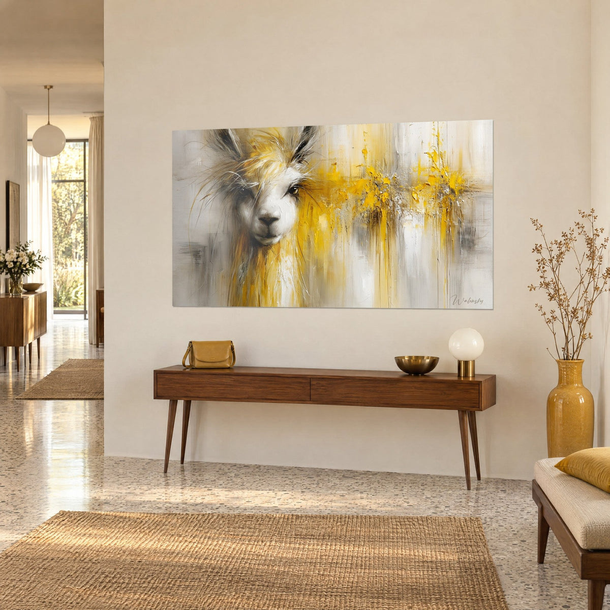 Quadro ritratto di alpaca dagli occhi scuri, spruzzi giallo sole su fondo grigio perla, sopra una console in legno