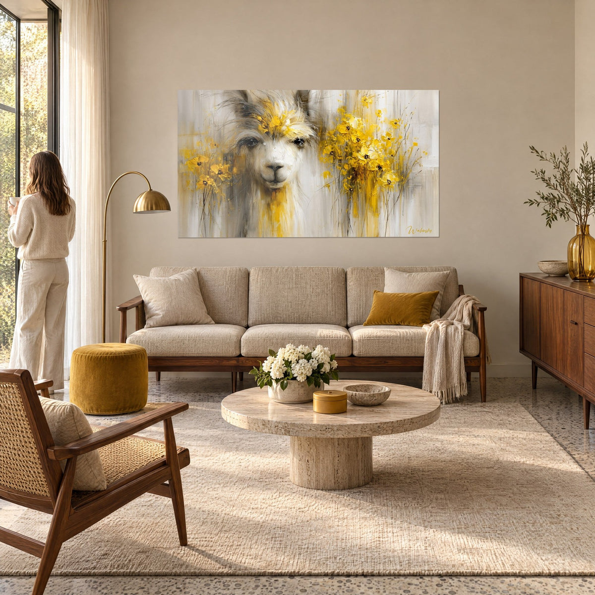 Tableau alpaga au pelage blanc coiffé de fleurs jaune moutarde, fond gris perle, au-dessus d'un canapé dans un salon lumineux