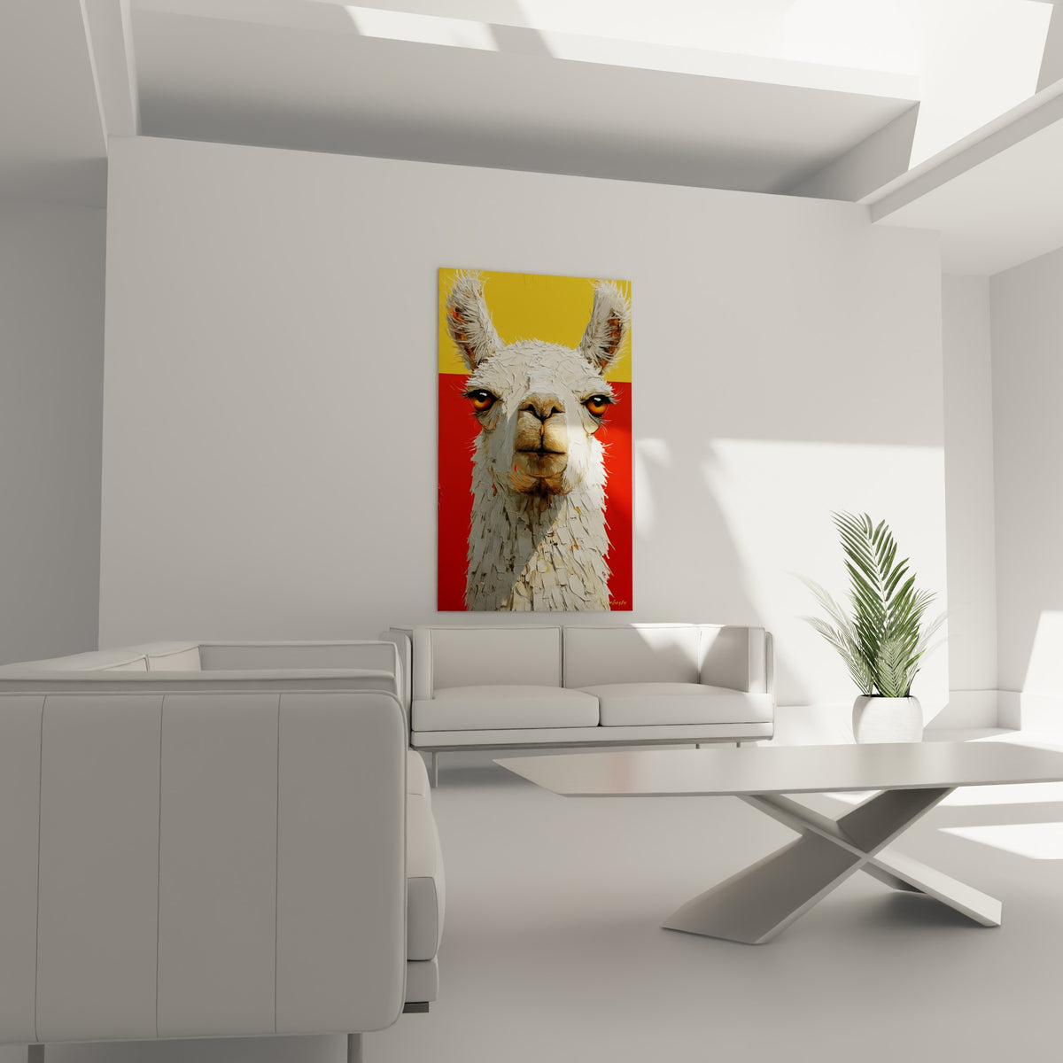 Portrait d'alpaga blanc et ocre au fond bicolore rouge et jaune, au-dessus d'un canapé dans un salon lumineux