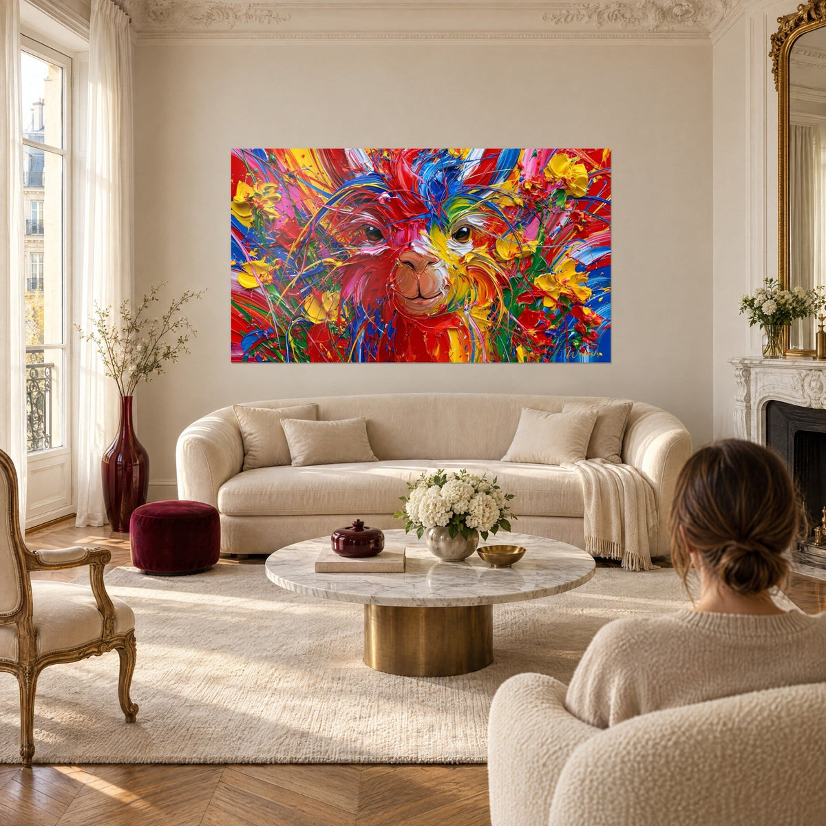 Tableau alpaga au pelage rouge vif et crinière jaune, fleurs safran en empâtements, au-dessus d'un canapé dans un salon lumineux