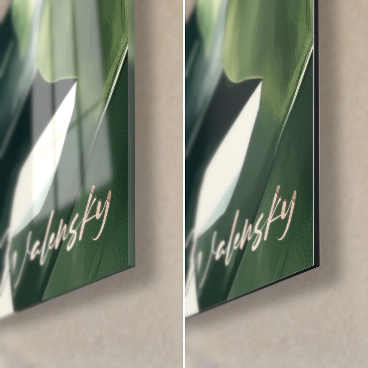 Cuadro de alpaca crema y hojas verde abeto, esquina inferior derecha: cristal acrílico brillante con reflejos, aluminio Dibond mate, canto de 3 mm
