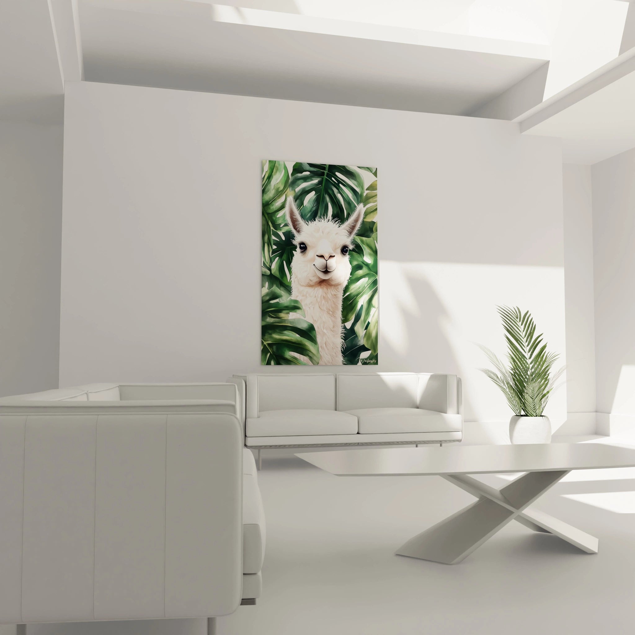 Un tableau artistique abstrait illustrant un portrait frontal d'alpaga à la fourrure blanche duveteuse, se détachant sur un fond de feuillage vert intense de type monstera, avec un rendu détaillé des textures pilaires et végétales.
