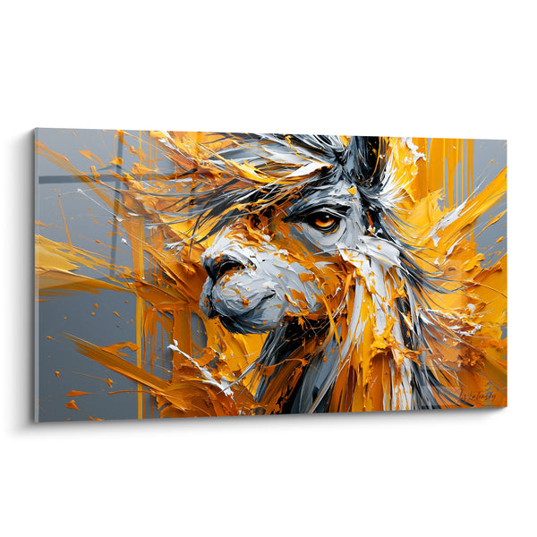 Wanddecoratie Alpaca grijs en geel profiel door windvlagen - Intense amberkleurige blik - Editie Alpaca
