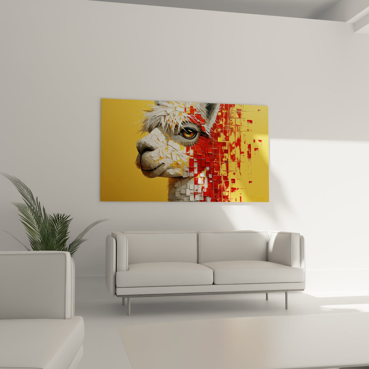 Œil ambré d'alpaga entouré de mosaïque rouge et blanche, au-dessus d'un canapé dans un salon lumineux