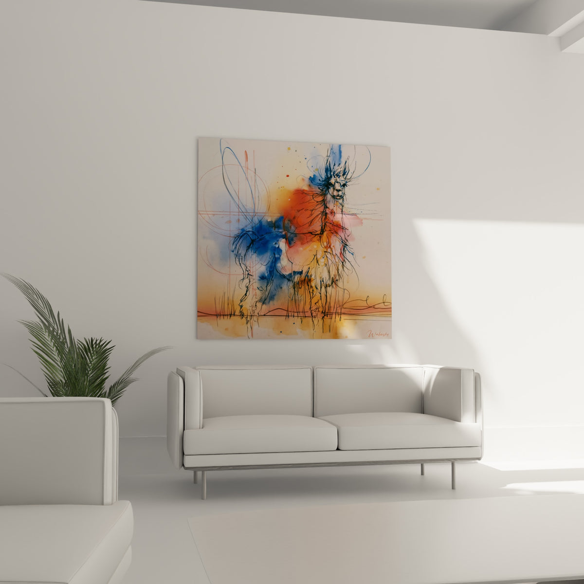 Animal andin tracé en bleu et orange brûlé, accroché au-dessus d'un canapé dans un salon lumineux