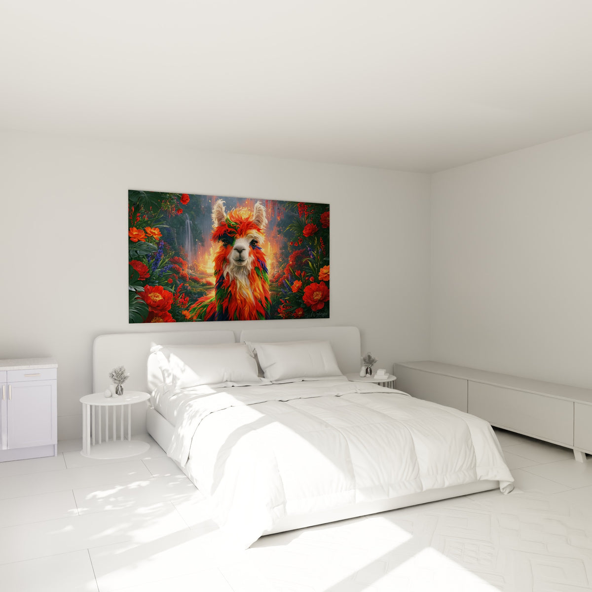 Museau blanc d'alpaga aux mèches rouges et vertes, accroché au-dessus d'un lit dans une chambre claire
