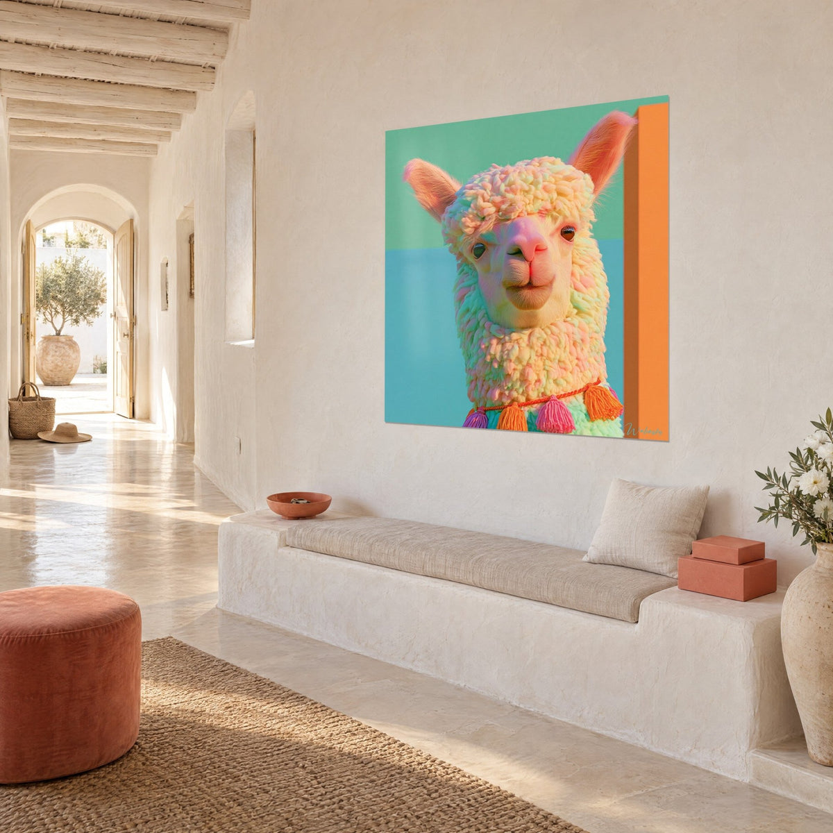 Tableau portrait de lama duveteux sur fond vert d'eau et turquoise, bande orange sur le côté, mur blanc chaulé, maison méditerranéenne