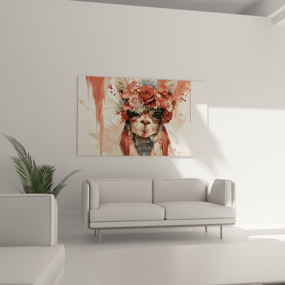 Parure florale corail et bleu pastel encadrant le visage de l'alpaga, au-dessus d'un canapé dans un salon lumineux