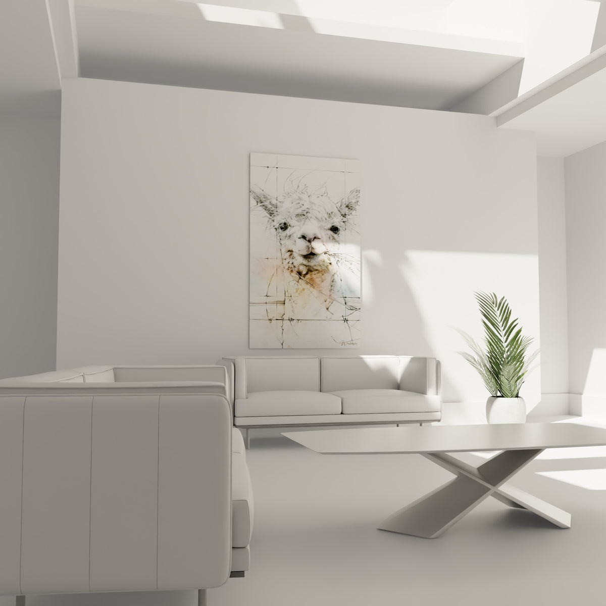 Oreilles ébouriffées d'alpaga blanc et ocre, disposées au-dessus d'un canapé dans un salon lumineux