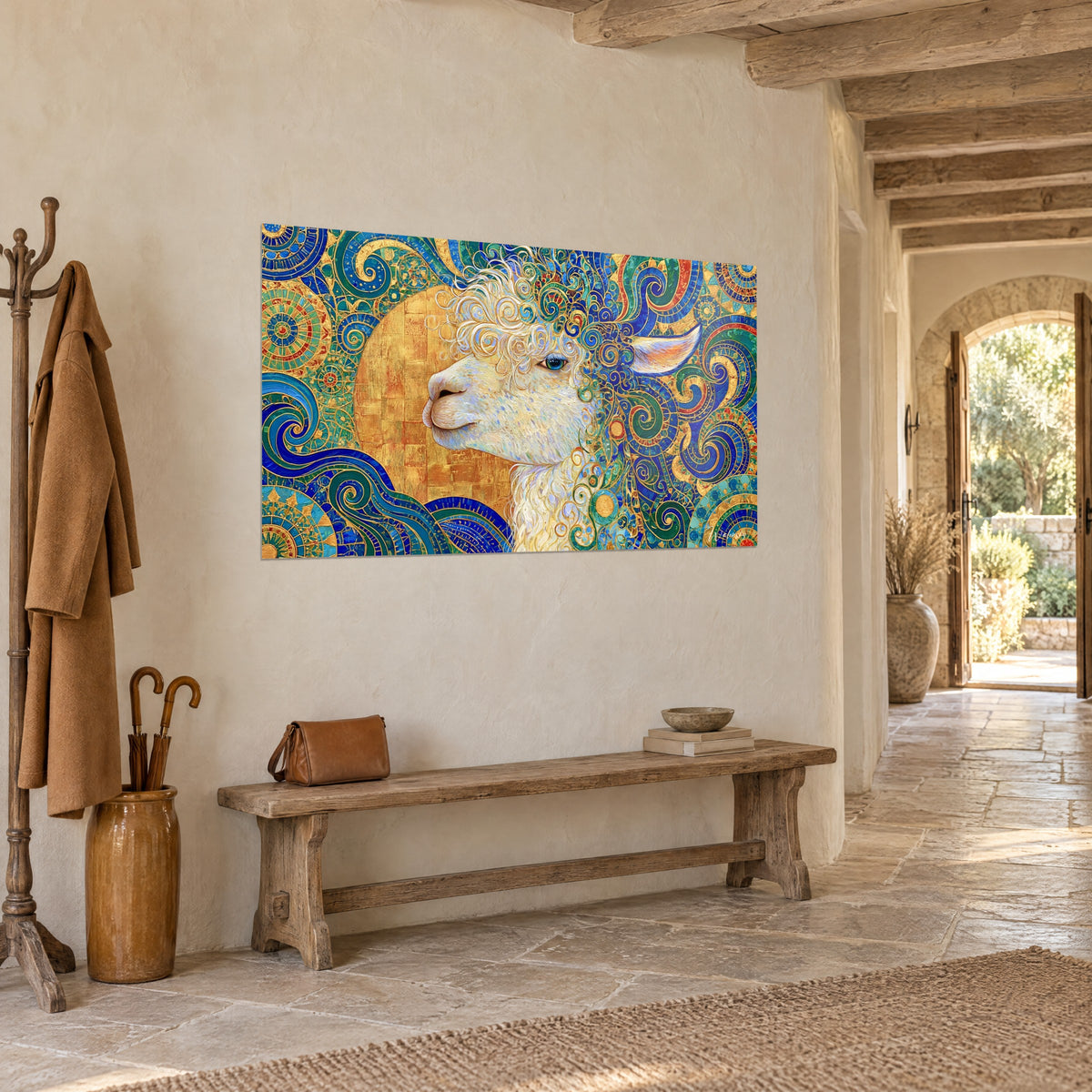 Profil d'alpaga blanc et bleu pastel sur fond ornemental doré, au-dessus d'un canapé dans un salon lumineux