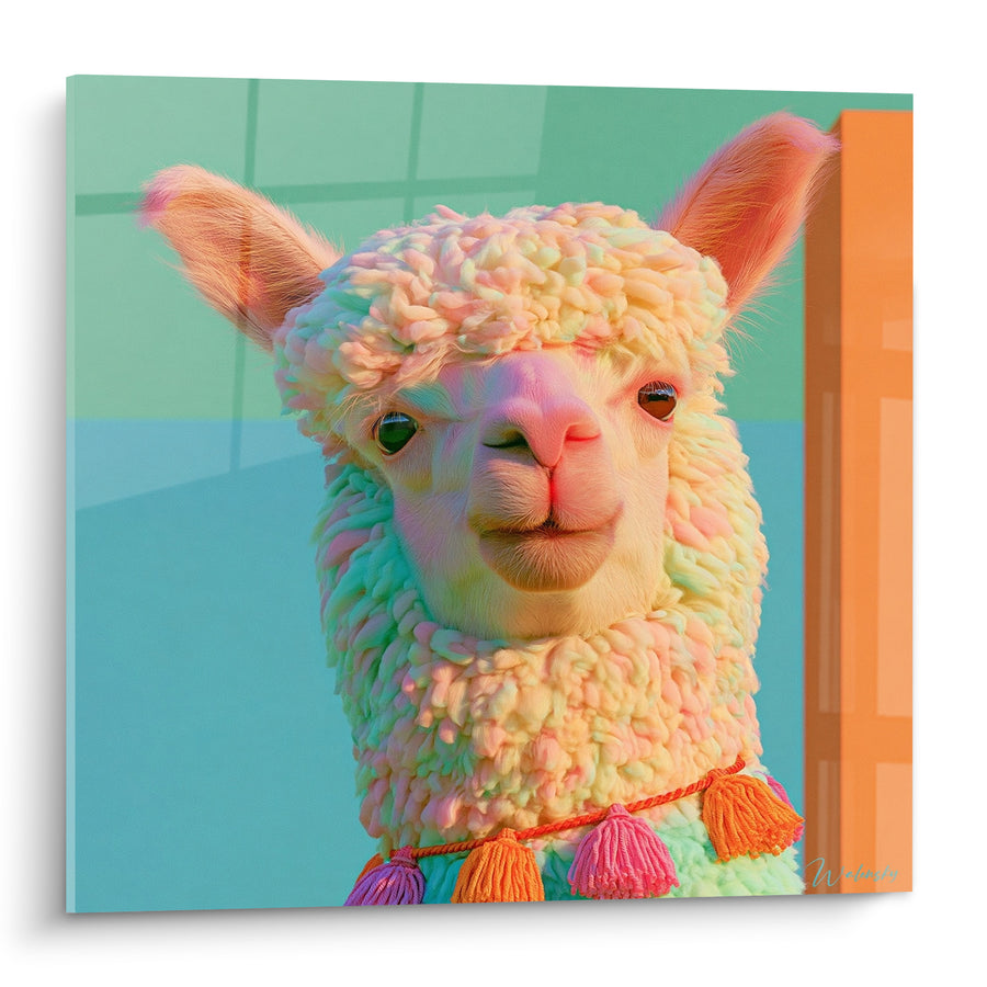 Tableau Alpaga blanc et vert aux pompons colorés - Collier à glands multicolores - Edition Alpaga