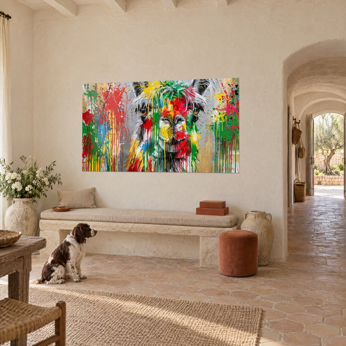 Tableau lama éclaboussé de jaune et de bleu, yeux cernés de noir, accroché dans un couloir voûté d'un mas provençal