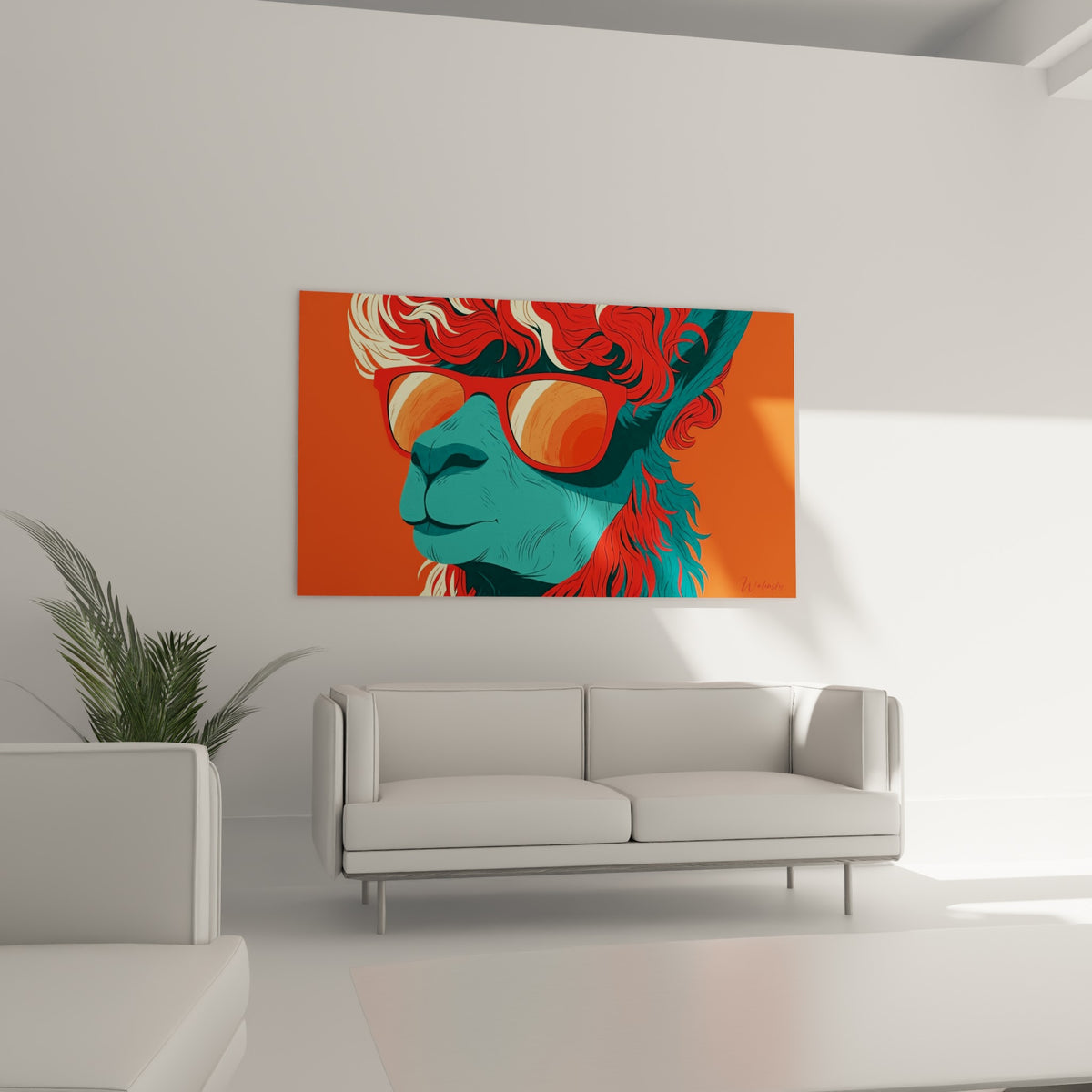 Portrait d'alpaga corail et sarcelle aux verres reflétant des rayures, au-dessus d'un canapé dans un salon lumineux