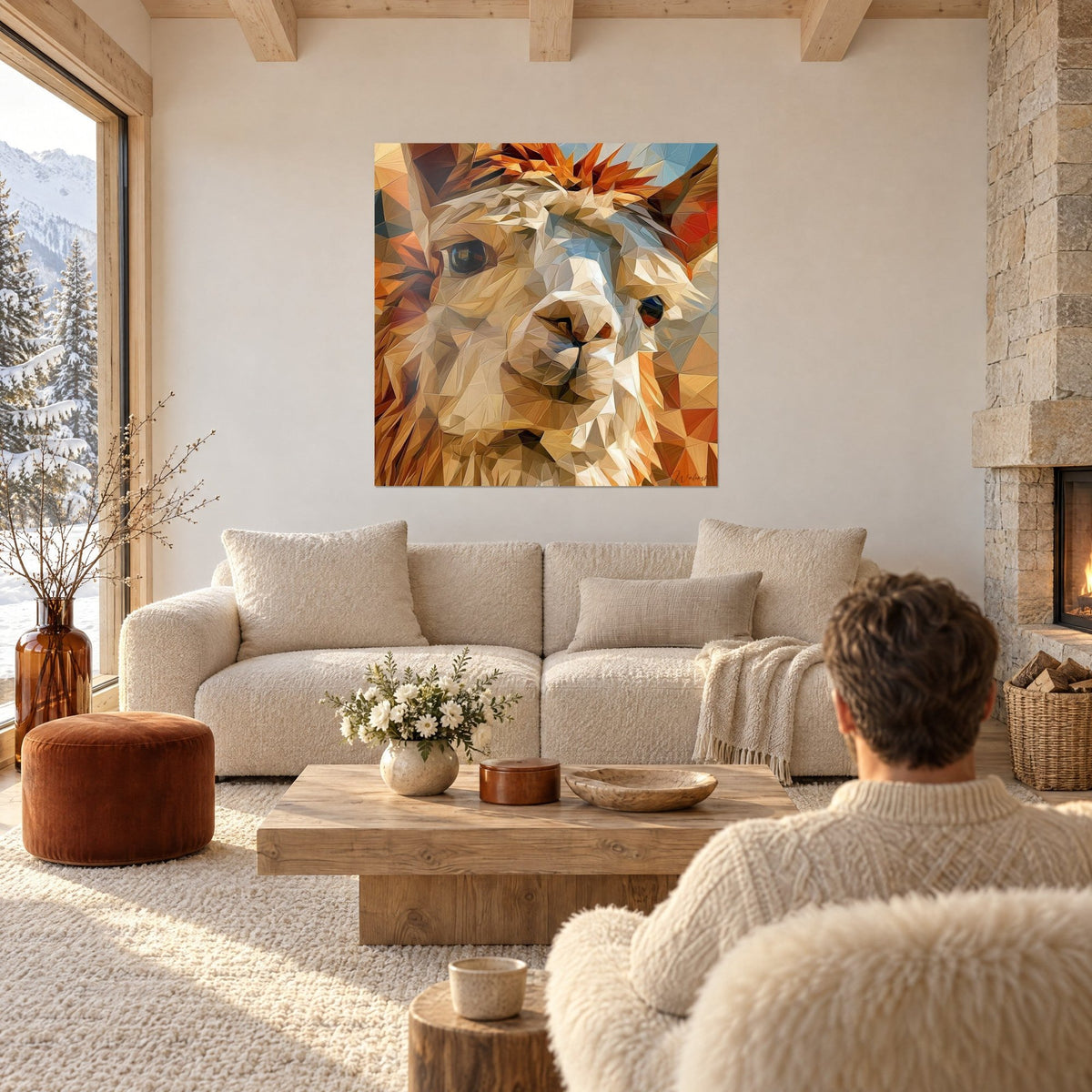 Gemälde Alpaka-Porträt in beigen und ockerfarbenen Facetten, dunkler Blick, orangefarbener Kamm, über einem Sofa in einem hellen Wohnzimmer