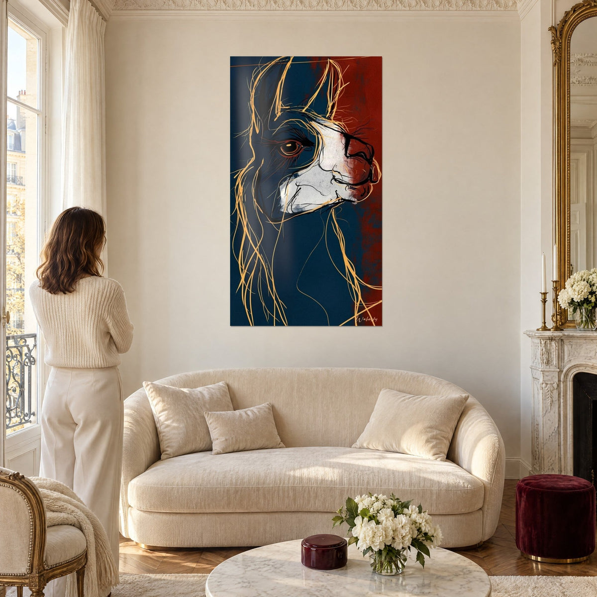 Tableau alpaga de profil aux crins dorés sur fond bleu marine et terracotta, femme de dos, au-dessus d'un canapé dans un salon lumineux