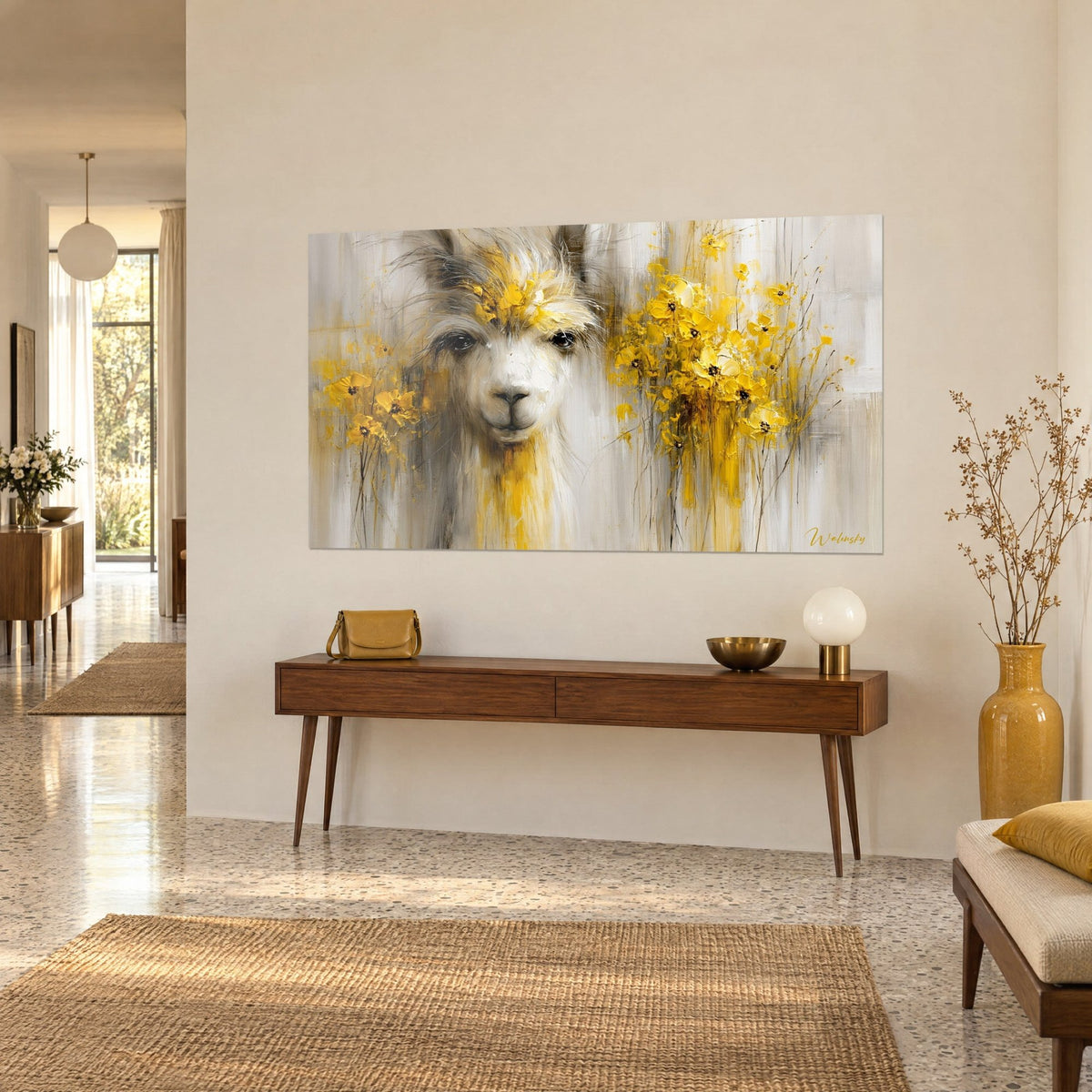 Tableau camélidé laineux aux yeux sombres entouré de bouquets safran aux coulures verticales, sur une console en bois sombre