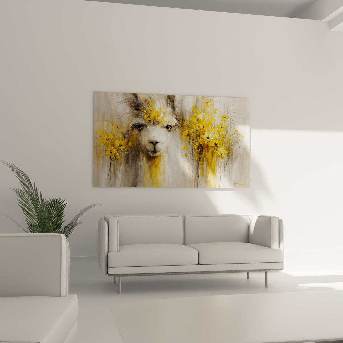 Portrait d'alpaga blanc parmi les fleurs dorées suspendu au-dessus d'un canapé dans un salon lumineux