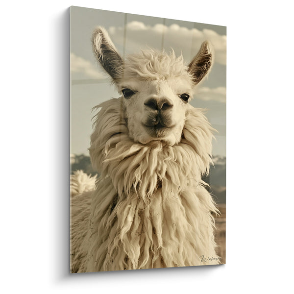 White and Gray Alpaca Painting with Shaggy Mane - Cloudy Mountain Sky - Alpaga Edition