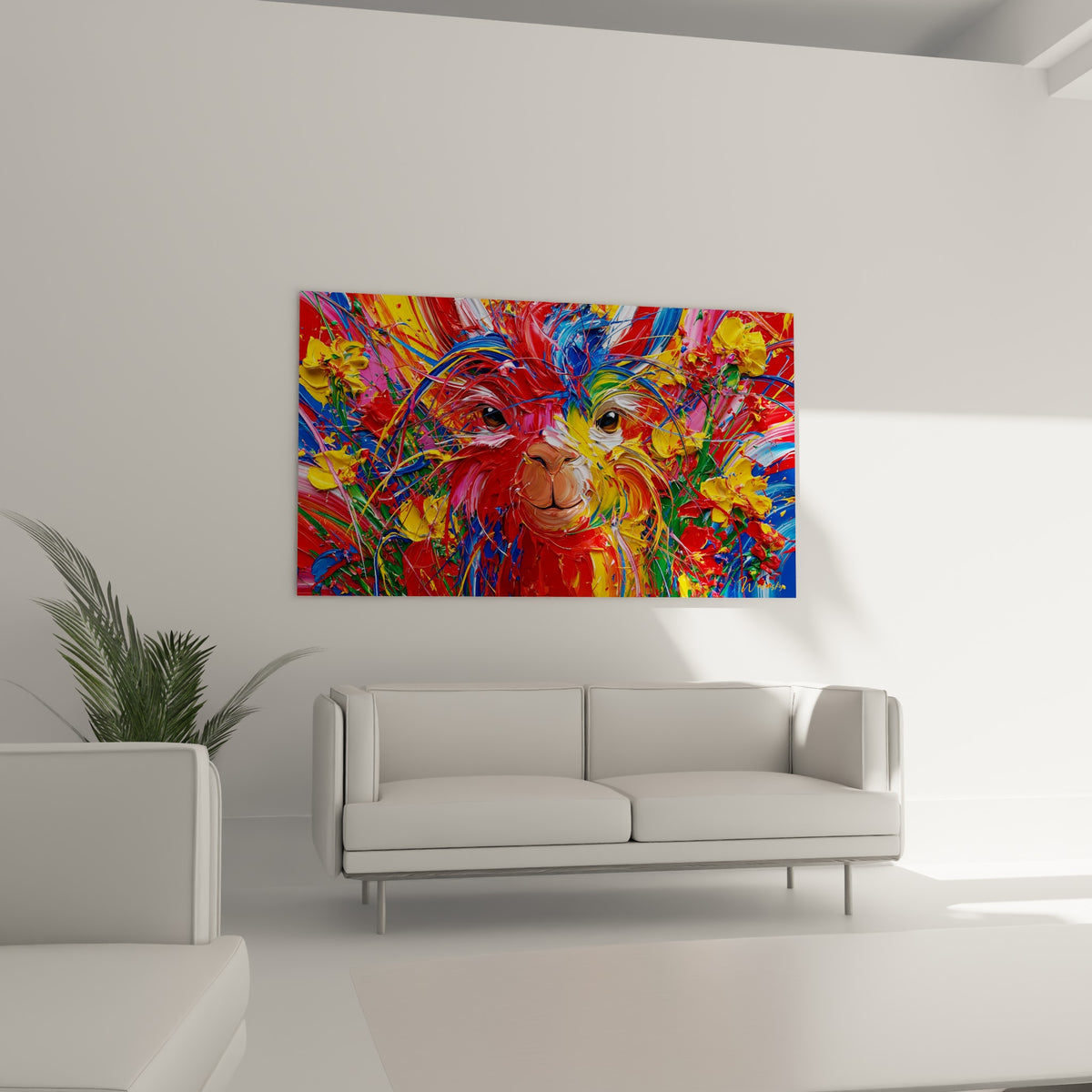 Regard sombre d'alpaga cerné de touches bleu marine et jaunes, au-dessus d'un canapé dans un salon lumineux