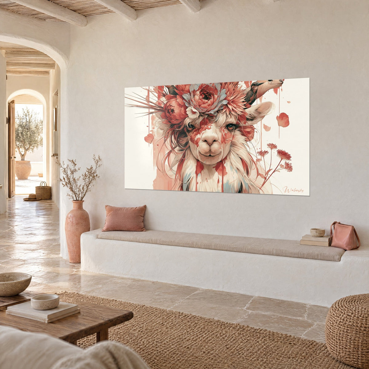 Wall art of a cream llama crowned with red peonies and pink petals, three-quarter view in a Mediterranean house