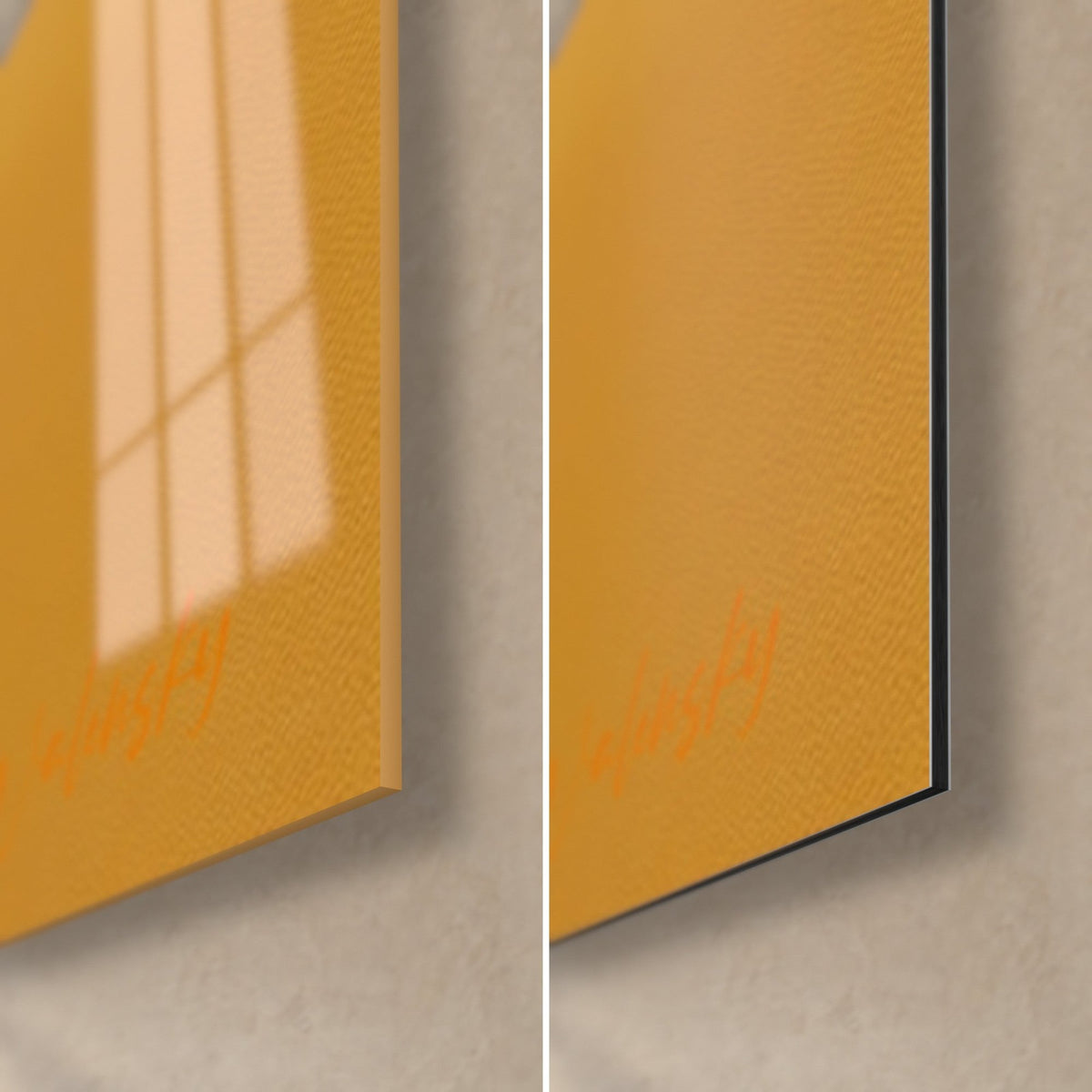 Cuadro llama dorada, esquina inferior derecha: cristal acrílico brillante con reflejos de ventana a la izquierda, Dibond naranja mate a la derecha, borde negro