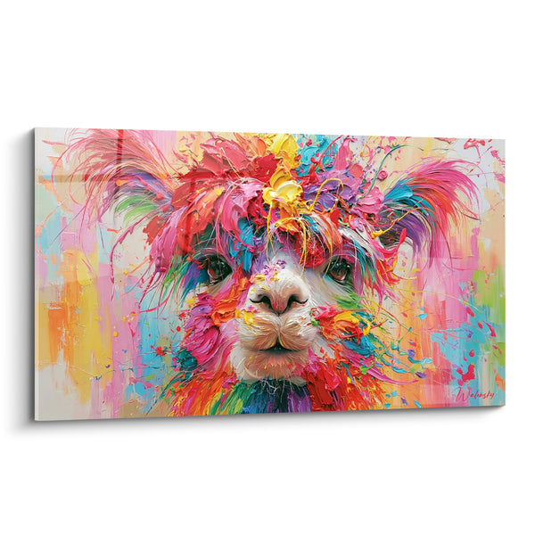 Tableau Alpaga rose et turquoise éclaboussé de peinture - Carnaval bariolé - Edition Alpaga