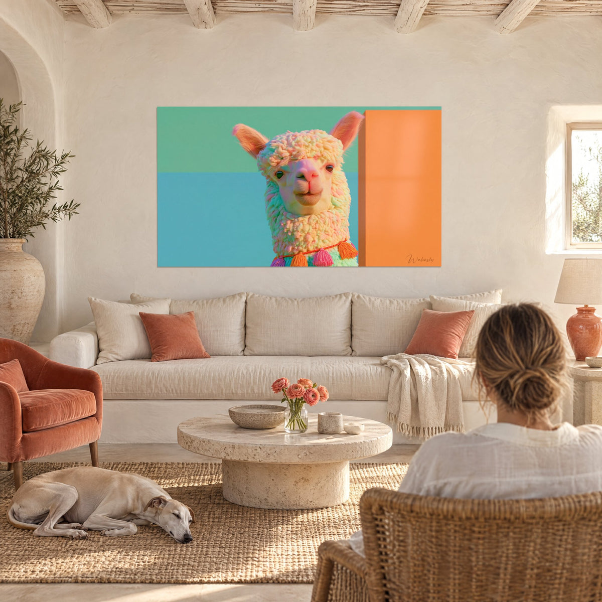 Tableau alpaga à la laine bouclée crème et rose, fond vert menthe et bleu, au-dessus d'un canapé dans un salon lumineux