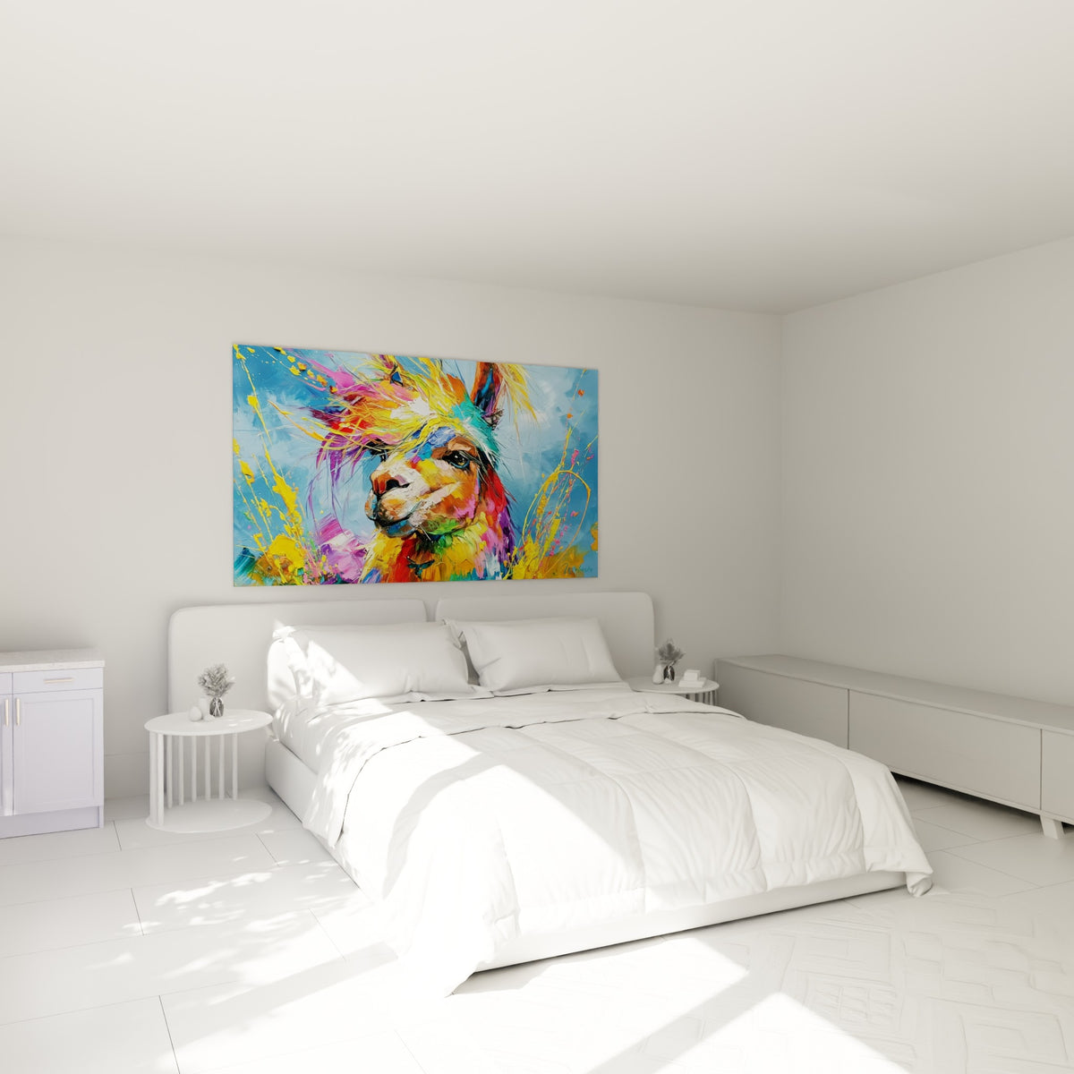 Portrait coloré d'alpaga jaune et violet accroché au-dessus d'un lit dans une chambre claire
